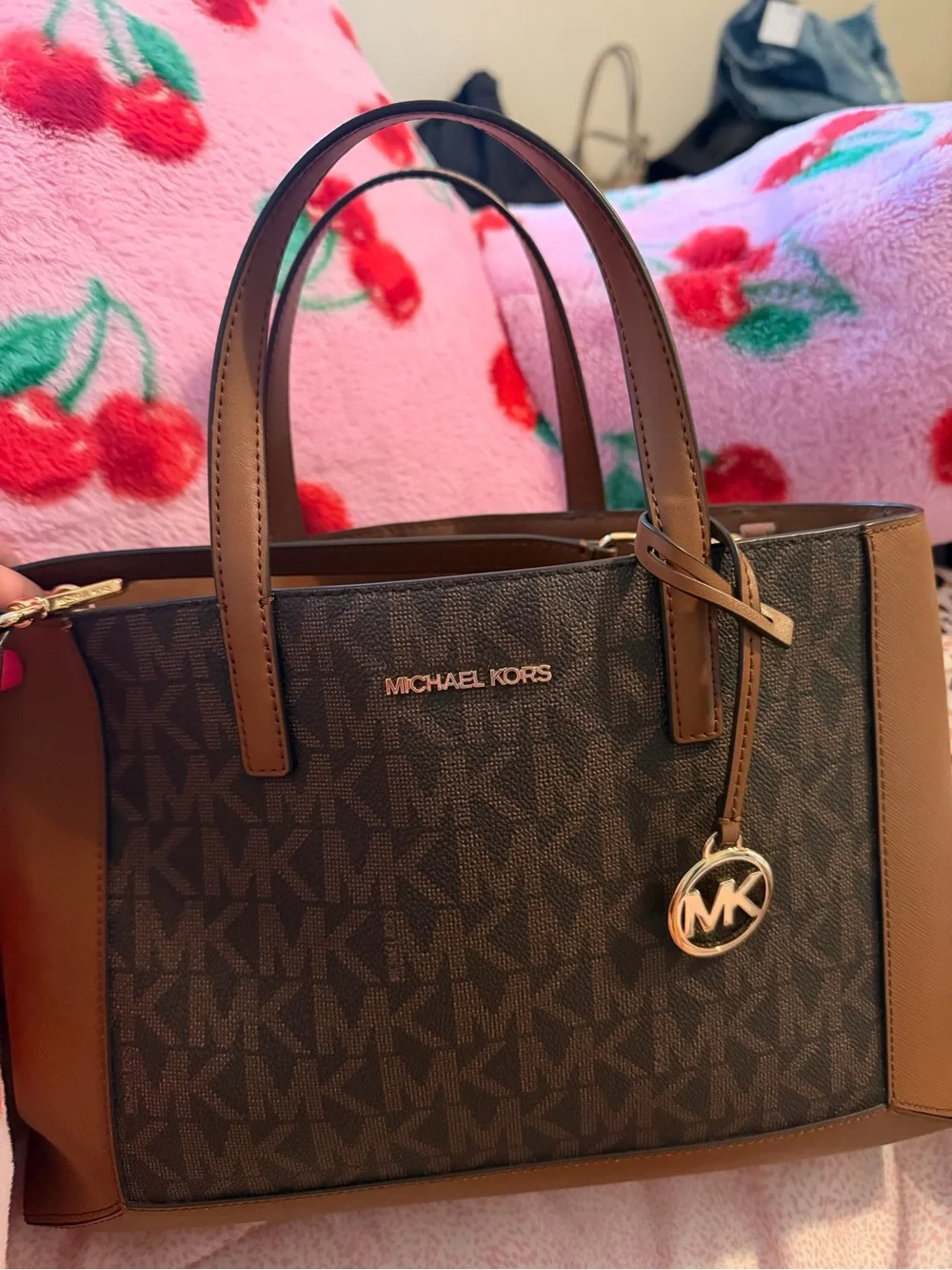 Michael Kors Brown MK Logo Satchel with Gold Charm